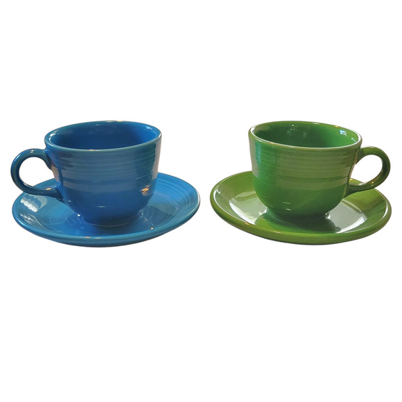 Fiesta Ware 4pc Set Shamrock Peacock Cups w/ Saucers Retired USA HLC Green Blue